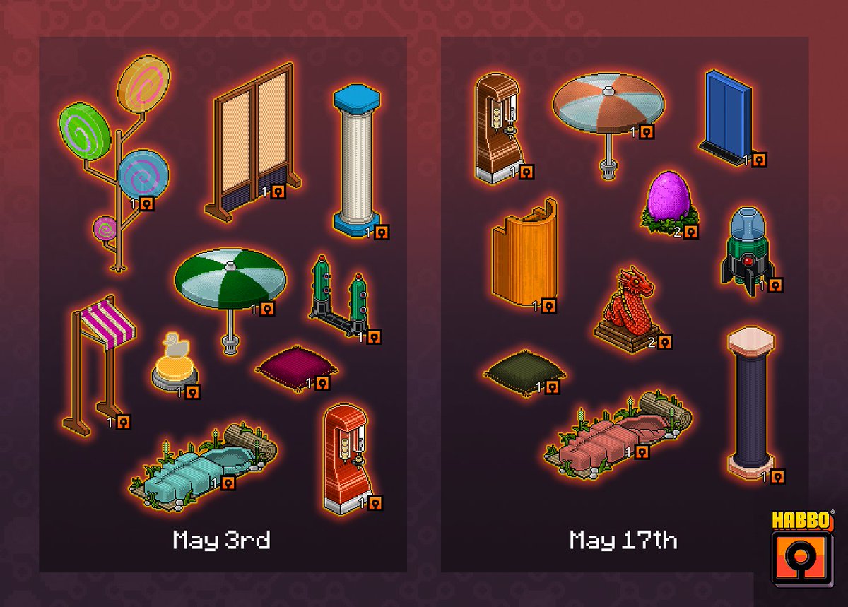 📦 May's Relics We're adding the following items to Collector Cabinets in May! If you already own any of these items, you will be able to use the feature to convert them to special types of #HabboCollectibles called Relics, then sell them on @Immutable for ETH, a widely used