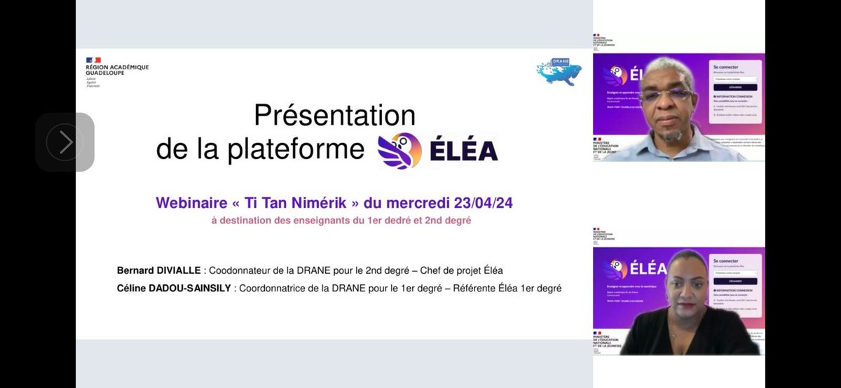 DANE_971's tweet photo. 🔥 Webinaire « Ti Tan Nimérik » 24/04/24 → Enseignants @AcGuadeloupe
🎯 Atouts du #CommunNumérique et Plateforme d'apprentissage #Éléa dans un contexte de #eEducation
👩‍🏫 Enseignement Hybride et Inclusif
👨‍🎓 Apprentissage Engageant et Personnalisé
#NE971 @Edu_Num @remi_lefeuvre https://t.co/nH6ra9KwYJ