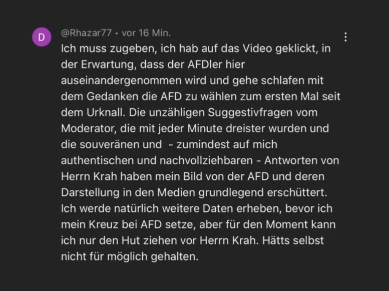 Deswegen wollen sie ihn loswerden!

Weil Maximilian #Krah im Interview mit Tilo Jung so brillierte, müssen sich viele eigentliche AfD-Kritiker eingestehen, dass er und seine Partei doch ganz vernünftig sind und nicht die Dämonen als die sie von den Medien dargestellt werden.

Das…