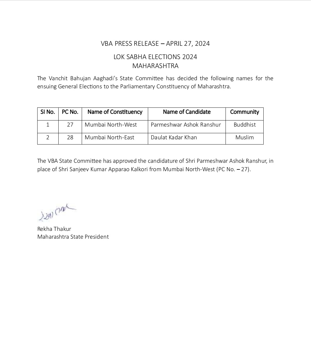 The Vanchit Bahujan Aaghadi is pleased to announce its candidate from Mumbai North West and Mumbai North East for the Lok Sabha elections. The VBA State Committee has approved the candidature of Shri. Parmeshwar Ashok Ranshur, in place of Shri Sanjeev kumar Apparao Kalkori from…