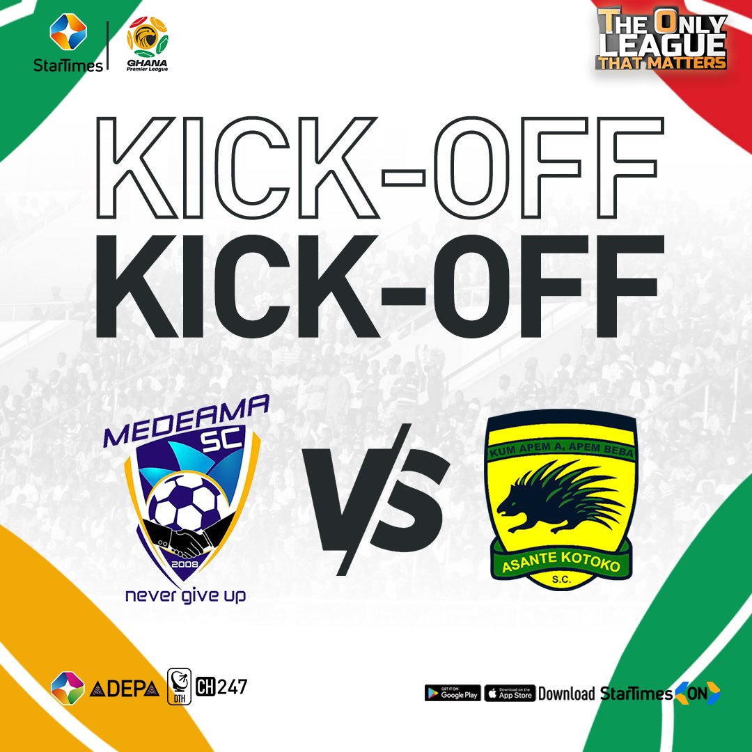 𝗞𝗜𝗖𝗞 𝗢𝗙𝗙! @MedeamaSC🆚@AsanteKotoko_SC Showing live on ST Adepa Ch. 247 & StarTimes ON App 📲bit.ly/464MxvT #GPL #StarTimes #Ghana #GPLonStarTimes #GPLwk28 #AKSC #Nevergiveup #Kotoko