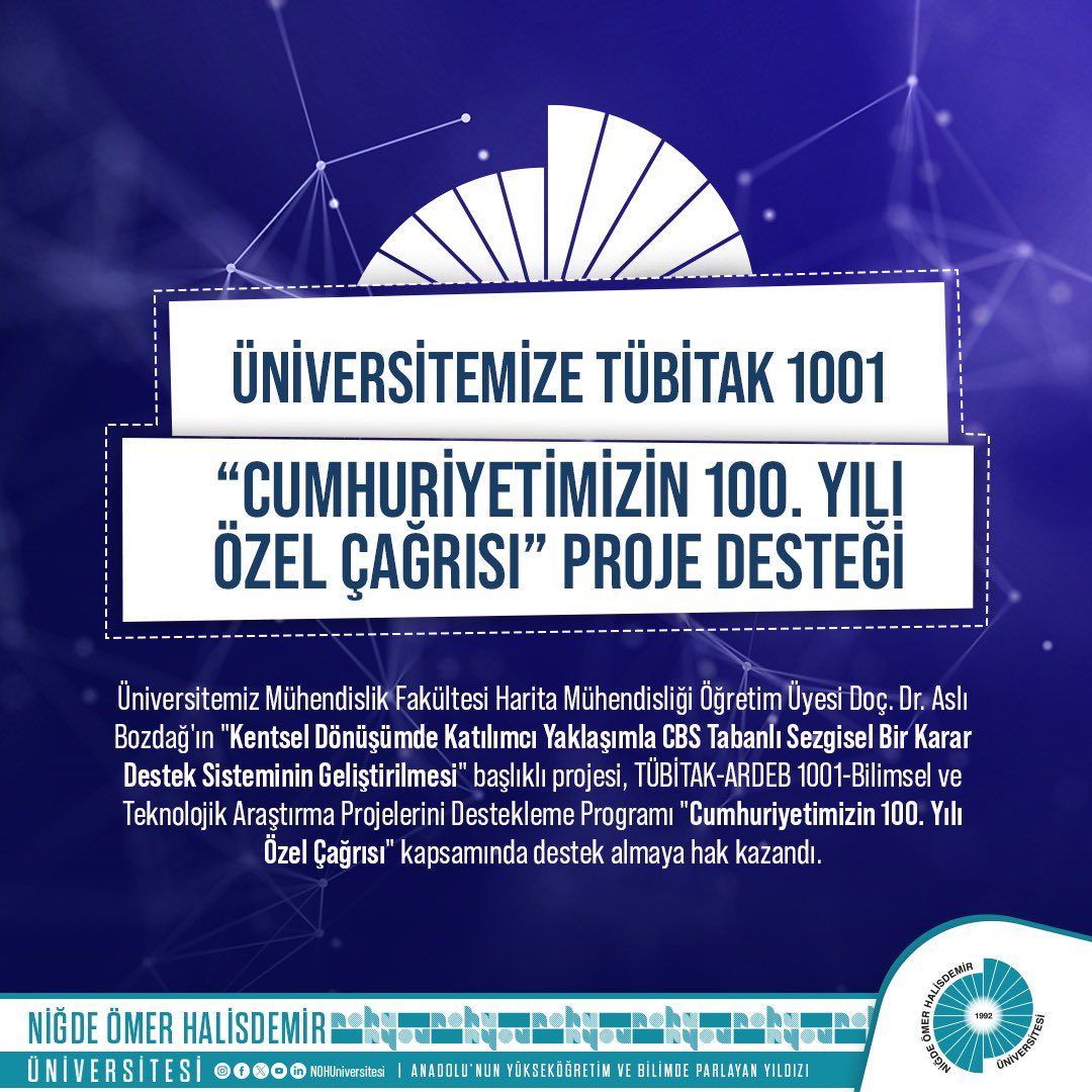 TÜBİTAK-ARDEB 1001 “Cumhuriyetimizin 100. Yılı Özel Çağrısı” kapsamında yürütücüsü olduğu projeyle destek almaya hak kazanan öğretim üyemiz Doç. Dr. Aslı Bozdağ’ı tebrik ediyor, başarılarının devamını diliyoruz.🙋🏻 @DrHasanUslu #NÖHÜ #Niğde