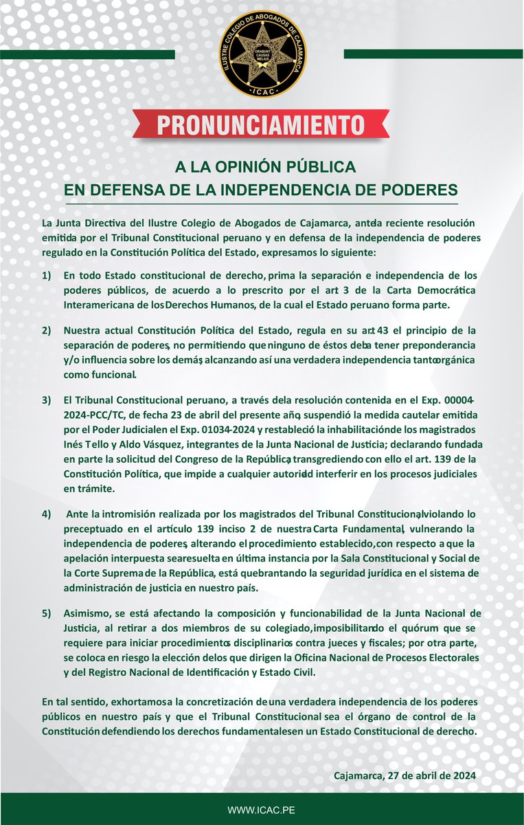 📌 Les compartimos el Pronunciamiento emitido por Ilustre Colegio de Abogados de Cajamarca ⚖️