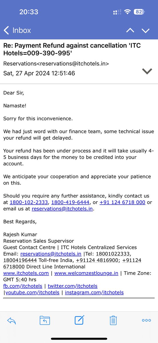 @ITCHotelsCares @ITCHotels Is this is truly annoying and unprofessional! This shows that your team has been telling lies all this while. I have been requesting to share the RRN for the refund and they didn’t share it for 15 days! Now they claim there is a technical issue! 25 days!!!
