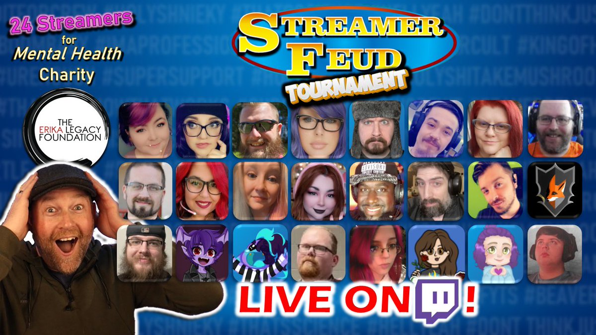 [ Charity Event ] 

⭐ STREAMER FEUD TOURNAMENT! ⭐ 24 Streamers for mental health &amp; suicide prevention

Giveaways 💖 LIVE NOW 💖 twitch.tv/supermurgantro… #supercrew