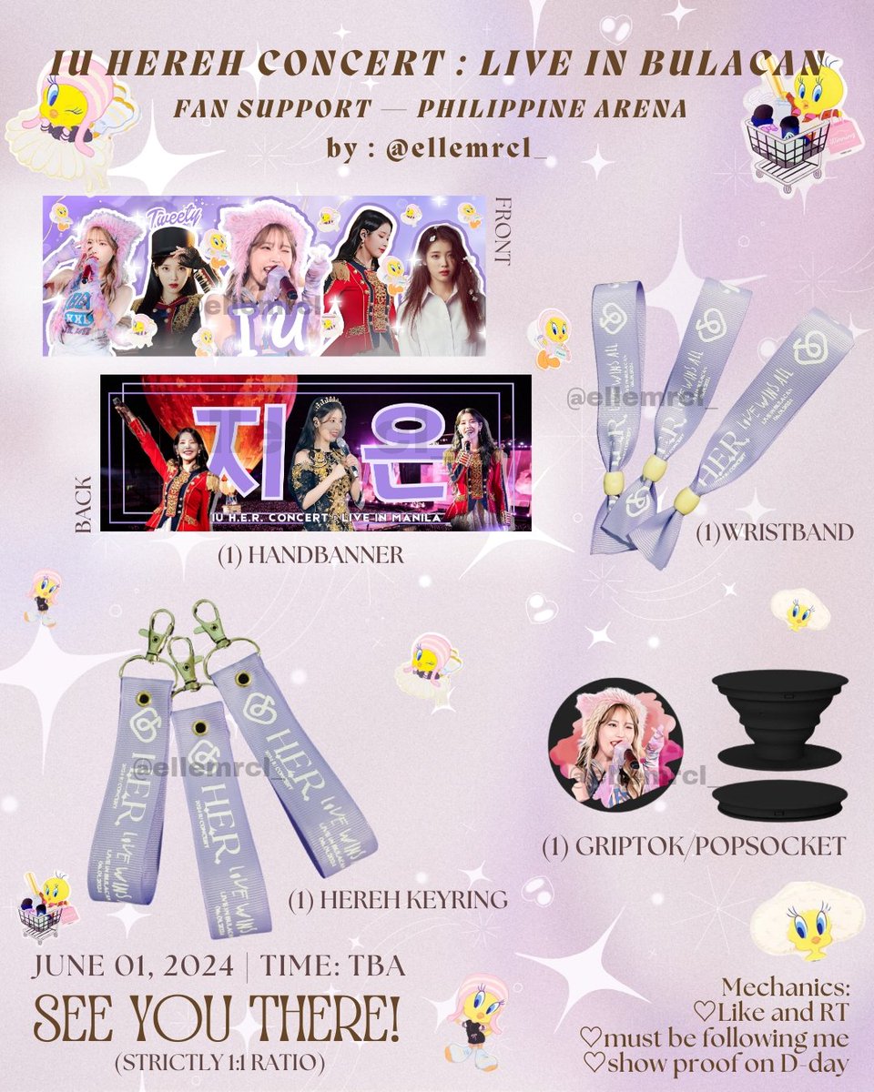 ellemrcl_'s tweet photo. ✨️2024 IU HEREH WORLD TOUR CONCERT IN MANILA — (BULACAN)✨️
Fan Support by : @ellemrcl_ 

🎀 mbf+like+rt this tweet
🎀Strictly 1:1 ratio (1 item/pax only)
🎀 Dm for trades

✨️MANIFESTING IU PH CON TICKET SECURED✨️

#아이유 #IU
#HEREH #HEREH_WORLD_TOUR_IN_MANILA #IUinMANILA https://t.co/sNYmQx8R6t