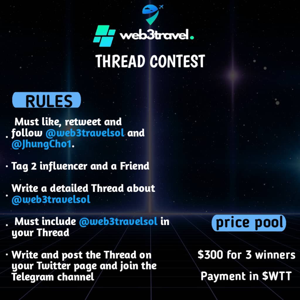 A WHOPPING $300 THREAD CONTEST

Fully Sponsored by @web3travelsol 

How to Enter;
*Follow the instructions in the image below
*Like and RT this tweet
*Tag 3 other threadorrs you would like to win
Winners in 3 Days. Let's goooo