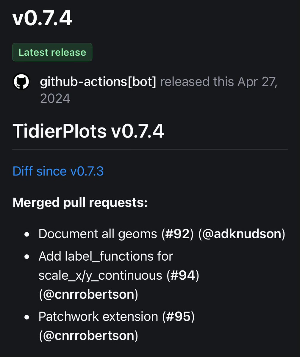 TidierPlots v0.7.4 is available on the registry — improves scale_* functions and adds initial functionality from #rstats {patchwork}. Also includes many improvements to the documentation: tidierorg.github.io/TidierPlots.jl… Happy tidying!