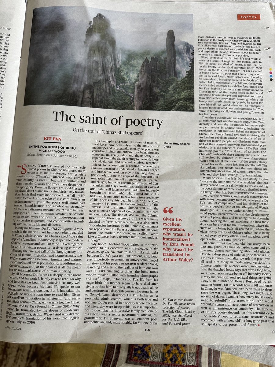 Thank you to ⁦@TheTLS⁩ and ⁦@Kit_Fan_ for such a lovely and thoughtful review of Du Fu … ‘a long -gone past that still speaks to our present and future’