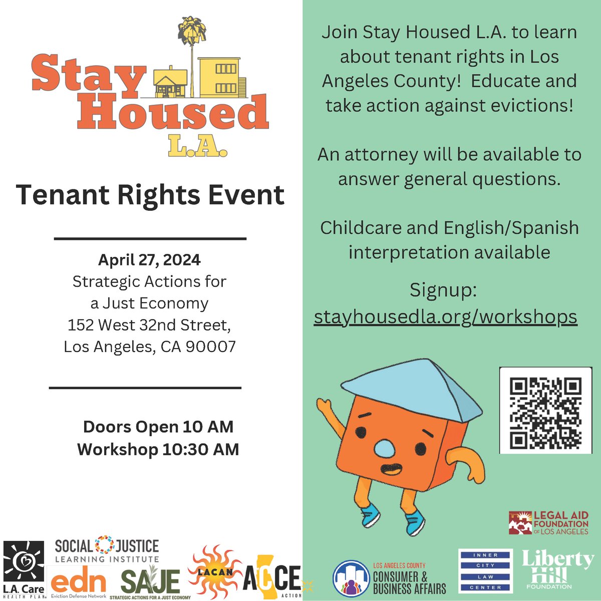Learn about your rights as a tenant in #LACounty! Join @StayHousedLA TODAY 4/27 at 10am for an informative tenants rights workshop. An attorney will be present to answer general questions. Childcare and Spanish interpretation available. Signup now at stayhousedla.org/workshops