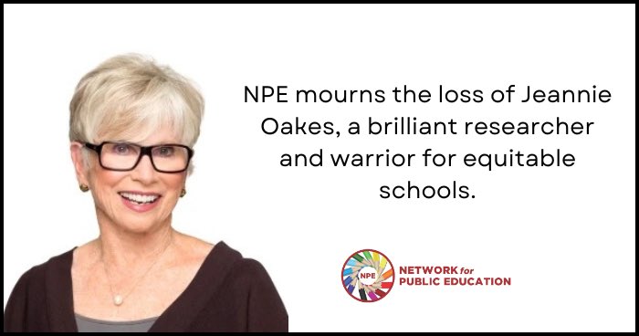 Jeannie never fell for the fashionable neo-lib reforms. She opposed high-stakes testing. She fought for community schools. She once told Carol Burris, “Of course, privatizing public education is about making a profit. It's not about children. It’s about new markets” @DianeRavitch