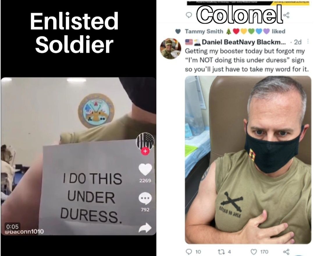 Photo below is from @samosaur's IG. The photo depicts an Army colonel making fun of a soldier showing he's taking the shot under duress. I don't know @UncleRedLeg but his account says he's a colonel. America MUST UNDERSTAND that these are the officers 'leading' our military…