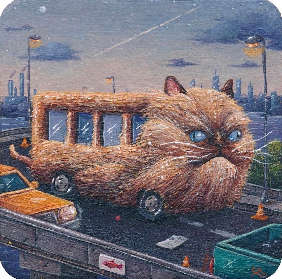 Different modes of transportation?🐟 🐱 🚌 ✈️ 

@johnregoart 's fun conceptual illustrations! 

#rsar_group #acrylic #painterly #transportation #conceptual #illustration #plane #bus #cat #fish