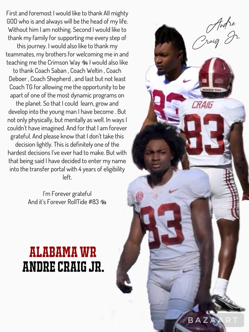 Andre Craig (WR/ATH) transfer from Alabama blessed to receive offer from Alabama A&M