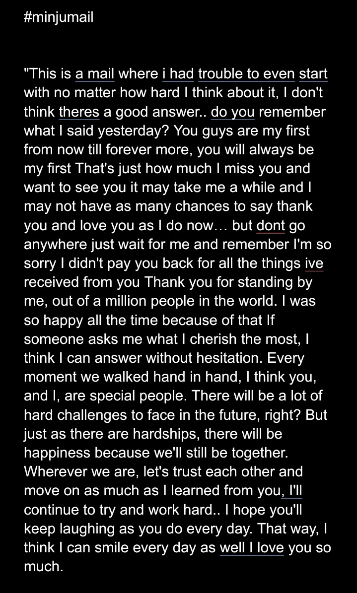 ayjkcwy's tweet photo. #minjumail 💌
"If someone asks me wht I cherish the most, I think I can ans without hesitation. Every moment we walked hand in hand, I think you &amp; I, are special people"
"you're still one of the precious presents I've received..It's the biggest present &amp; the most imp to my heart" https://t.co/VdU9E02nFw