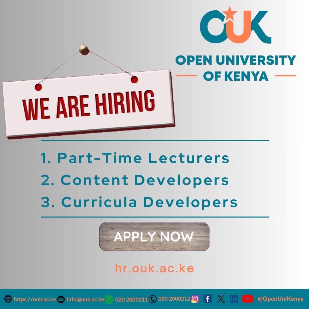 Join us in shaping the future of education as curriculum developers, part-time lecturers, or content developers. Apply now at hr.ouk.ac.ke and be a part of something truly transformative! 
#DigitalLearning #hiring