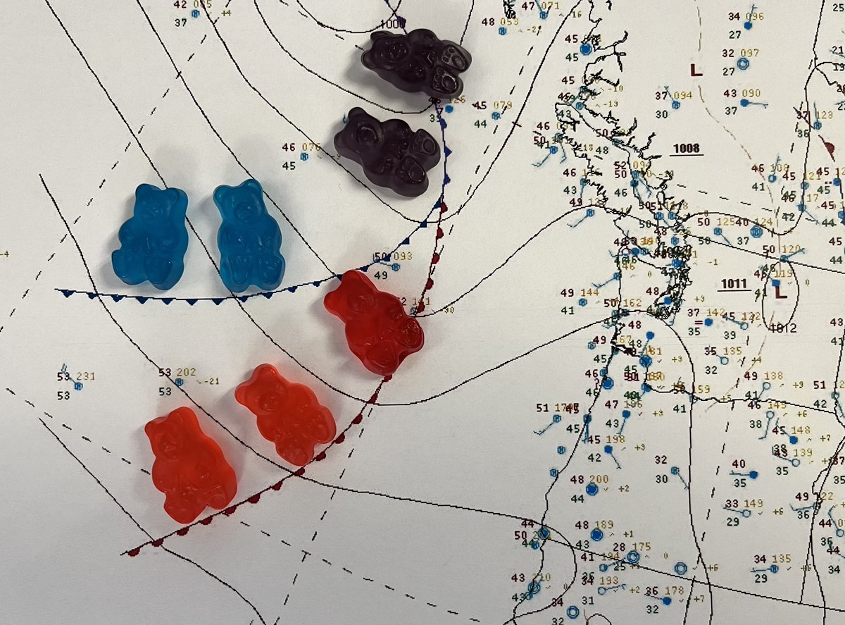 The morning surface analysis shows that a cold front (denoted by blue gummi bears) will catch up to a warm front (red gummi bears) resulting in an occluded front (purple gummi bears) for increasingly wet & breezy conditions across Western WA today. #NationalGummiBearDay #wawx