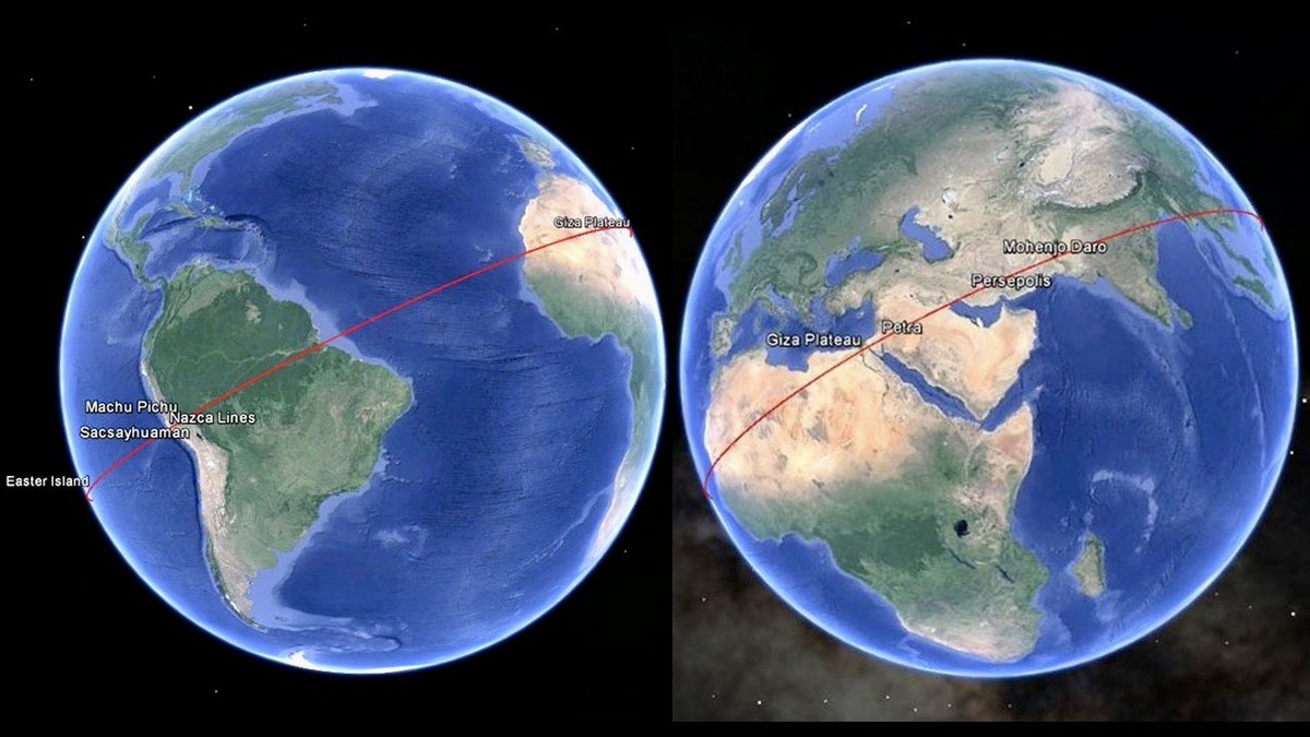 Have you heard of the Ancient Equator Theory?

Numerous ancient ruins around the World just so happen to align parallel to each other.
🌎-🌍-🌏

Easter Island, Machu Picchu, Giza Pyramids, Petra, Persepolis, Mohenjo Daro, Angkor Wat