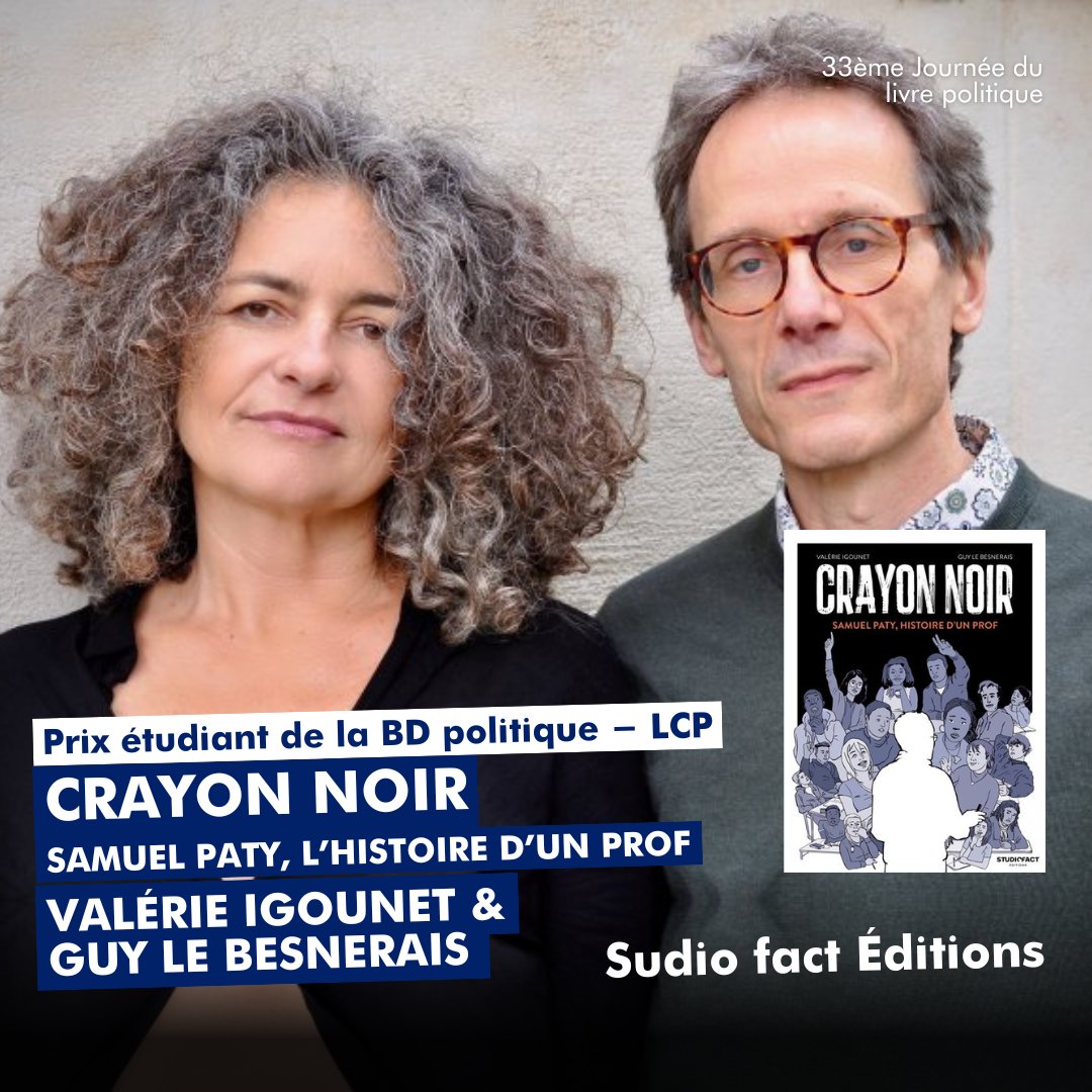 🏆Le prix de la BD politique #LCP est attribué à @ValerieIgounet et Guy Le Besnerais pour leur BD 'Crayon noir - Samuel Paty, l'histoire d'un prof' (@StudioFactOff). #JLP2024 @lirelasociete @AssembleeNat