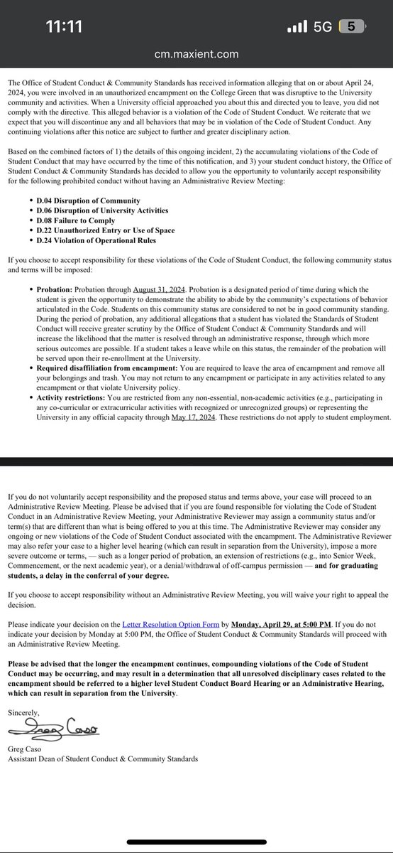 oliviaebertz's tweet image. Students found at the encampment are beginning to receive letters from @BrownUniversity saying they must either admit to breaking rules or submit to a review process by Monday at 5pm. The school is saying seniors may graduate late if they don’t confess and are found guilty.