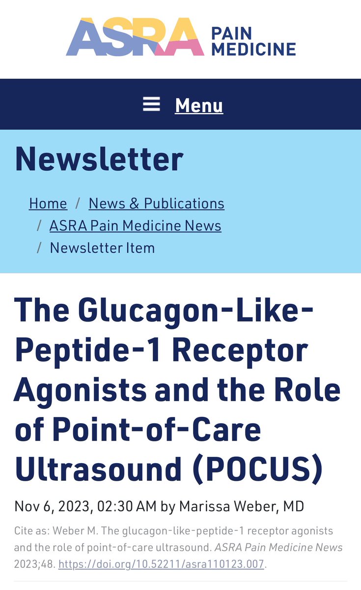 @pperezde @JMorenoGarijo @ElmariNeethling @ASRA_Society @CASUpdate @ResusTEEproject @CSEchoCa @SCCM @scahq @ASALifeline @AbaPhysicians @FTeranMD @ArcherKMartin @nathanhwaldron @pandompatam @rossrenew @pkguru10 @Dev_Sanghavi @pmorenofranco @JuanGRipoll1 @ESRA_Society #POCUS 🔺14) GLP1 drugs and role of #gastricultrasound Current 🥵 topic ! @ASRA_Society #ASRAPOCUS Spotlight series: 🟢 asra.com/news-publicati… Thx 🙏 @MarissaWeberMD @PerlasAnahi @RenukaGeorge @SudiptaSen_MD