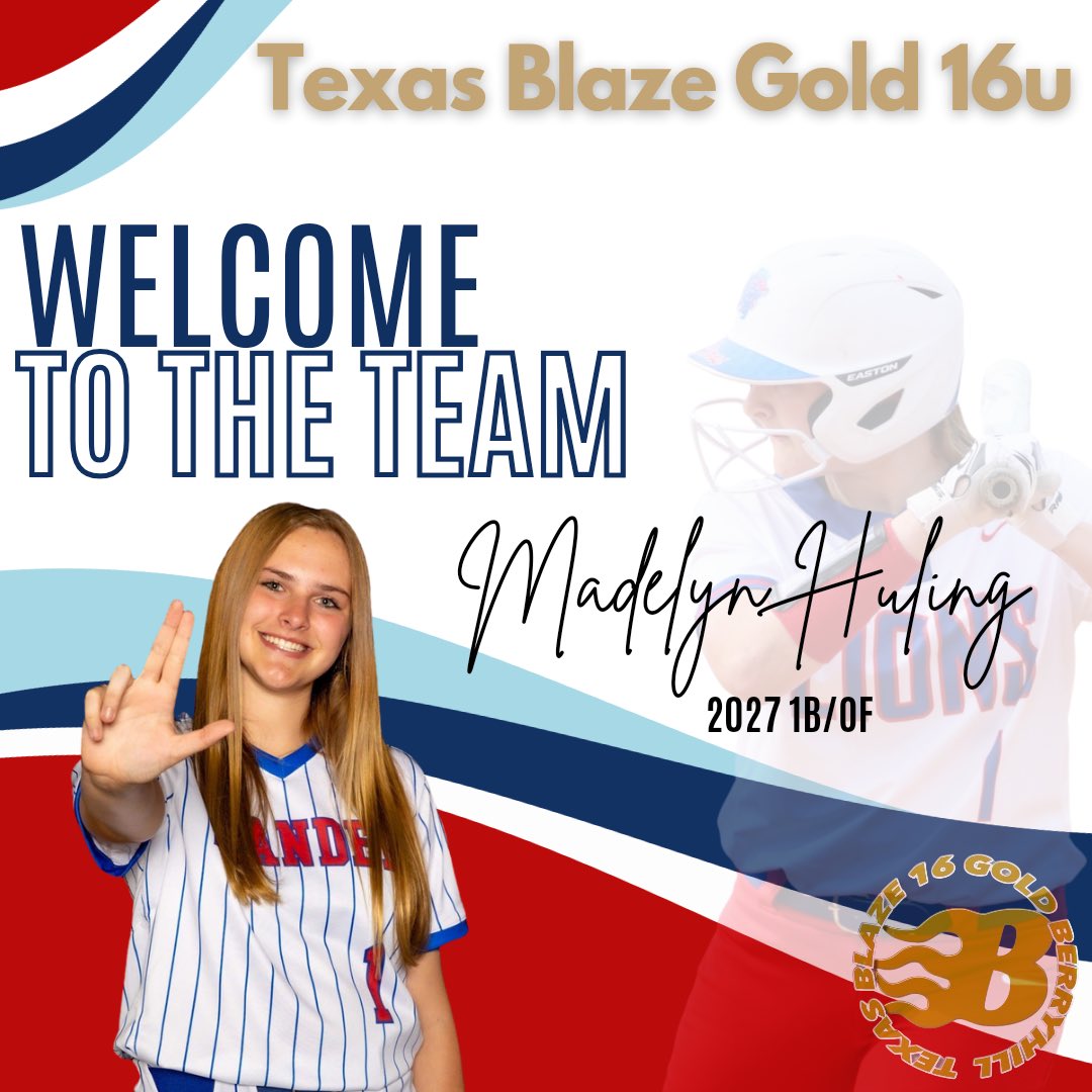 txblazegold16's tweet photo. Please give a big Gold welcome to our newest addition 2027 1B/OF @madelyn_huling out of Leander, Texas. We are so excited to have you. 

#txblazegold
#playeradded @BlazeFastpitch https://t.co/9Jx5S3uOID