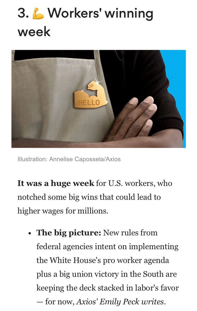 .@Axios: “It was a huge week…that could lead to higher wages for millions.” Thanks to “new rules from federal agencies intent on implementing the White House's pro worker agenda plus a big union victory in the South”