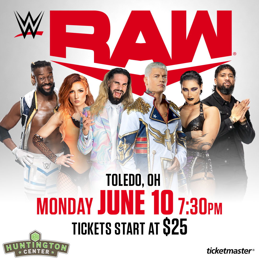 Less than 5⃣0⃣0⃣ tickets remain for @WWE RAW on June 10th. Tickets at our box office and bit.ly/3Of2uta 🟢More details at HuntingtonCenterToledo.com