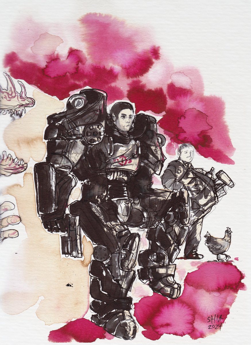 Here's all three of the new #FalloutPrime show paintings I did! And because like... one or two people asked about prints, I put them on my redbubble for prints. redbubble.com/people/drunkfu in the 'Fallout show' collection