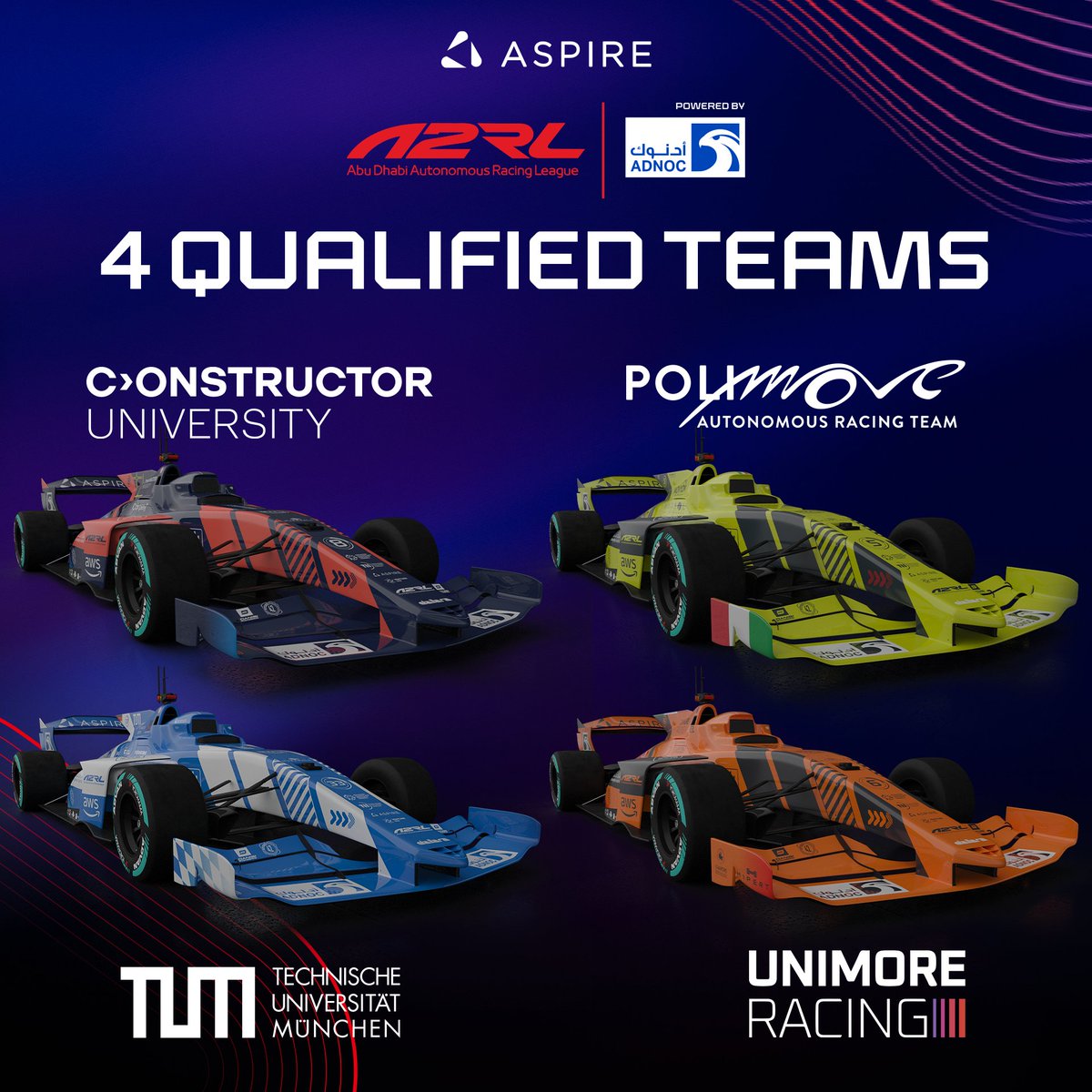 The stage is set for A2RL's final race! After an intense qualifying session, here's the lineup for tonight: Polimove 🇮🇹 in P1, followed by TUM 🇩🇪, Unimore 🇮🇹, and Constructor Group 🇩🇪. Who will be the champion of the world’s largest extreme autonomous race? 📺 Watch the live