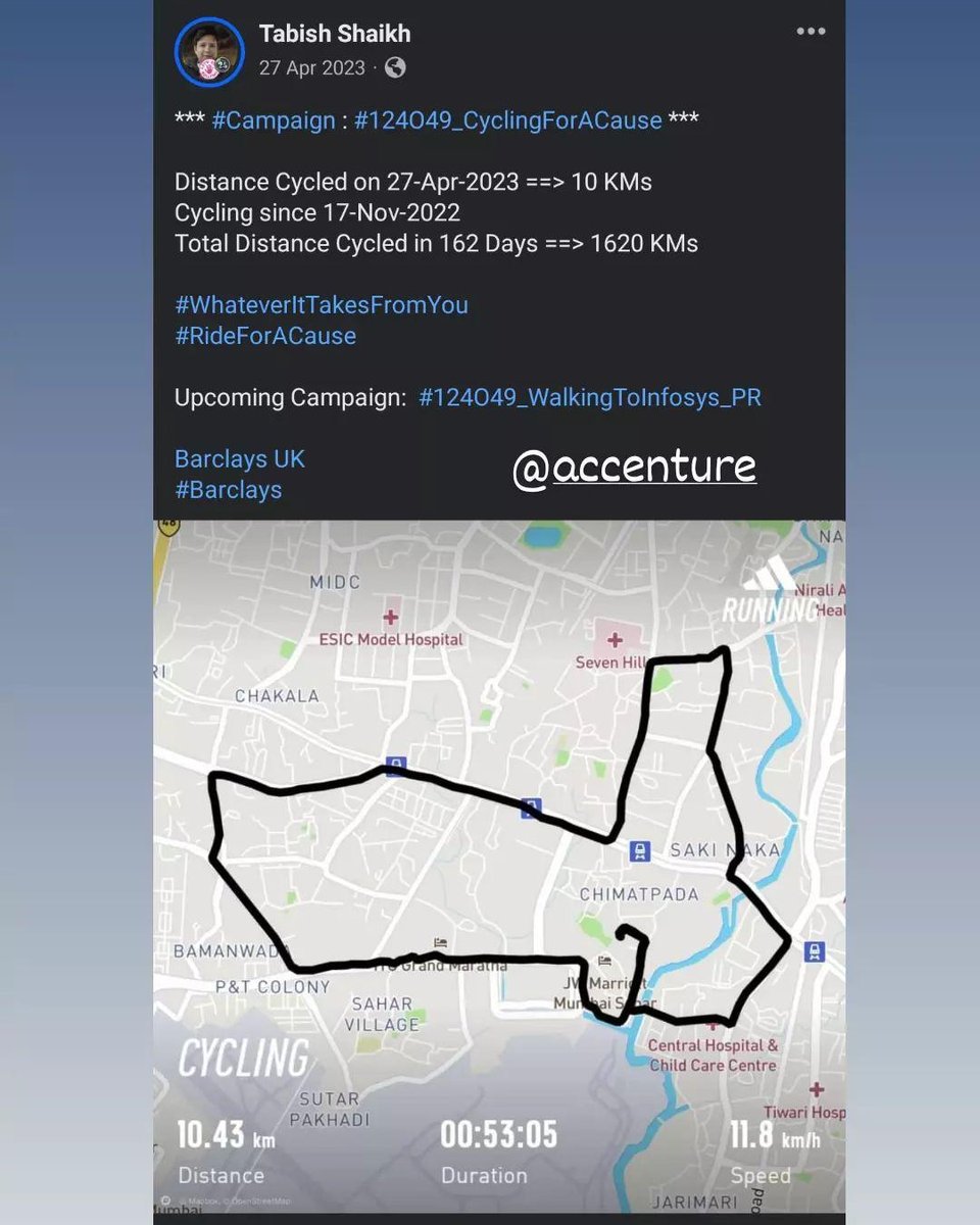 *** #Campaign : #124O49_CyclingForACause ***

Distance Cycled on 27-Apr-2023 ==> 10 KMs
Cycling since 17-Nov-2022 
Total Distance Cycled in 162 Days ==> 1620 KMs

#WhateverItTakesFromYou
#RideForACause 

Upcoming:  #124O49_WalkingToInfosys_PR 

@BarclaysUK 
#Barclays

@Accenture