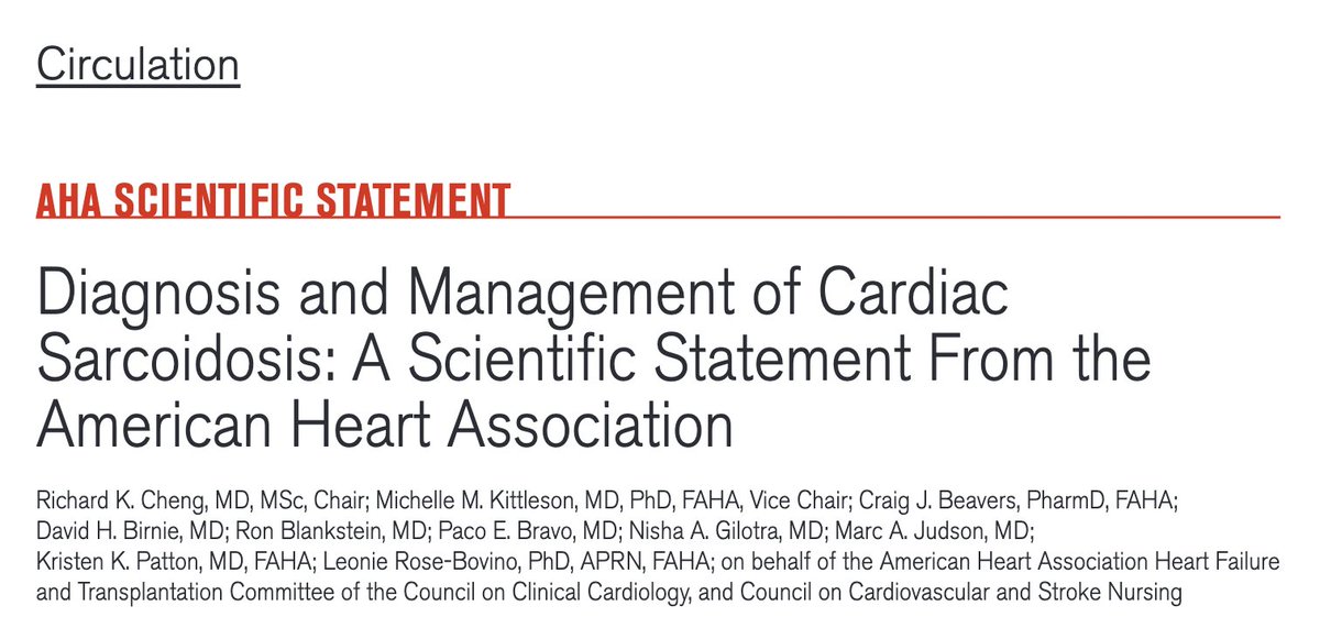 ✨Cardiac Sarcoidosis (CS): AHA just dropped an enlightening Scientific Statement! 📜

#Tweetorial below for all u need to know about CS: Epidemiology, Diagnosis & Management 💥

🧵1/12

#CardioTwitter #Cardiology #ACCFIT @CircAHA @AHAScience @BCMHeart @AKUGlobal #MedTwitter