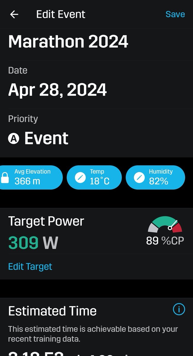 We'll be running in warmer and more humid conditions than what we trained in. It is great to have a tool like @strydrunning that adjusts your power target based on altitude, temperature, and humidity. Dropped my target from 314 W to 309 W.