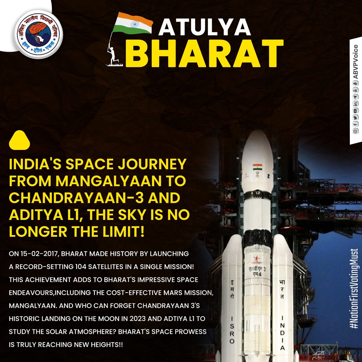 India's space journey from MANGALYAAN to CHANDRAYAAN-3 and ADITYA L1, the sky is no longer the limit! 

#NationFirstVotingMust #ABVP