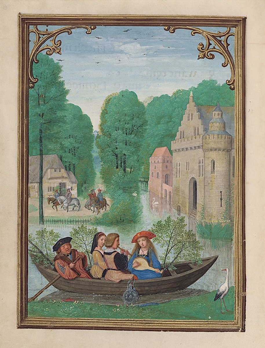 May is the month to go boating, with music playing, and a flask of something to drink cooling in the water. #MedievalCalendar MS M.399; Da Costa hours, illuminated by Simon Bening; ca. 1515 CE; Belgium; f.6v @MorganLibrary