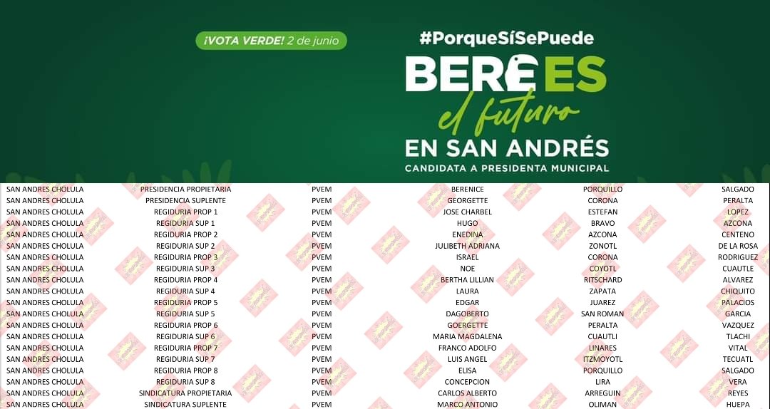 Verdatanazo's tweet photo. ❗¿Qué oscuros compromisos tendrá  @BerePorquillo en #SanAndrésCholula, para haber cambiado casi toda su planilla?❗

La candidata del @PVEM_Puebla, #MODIFICÓ toda su planilla (salvo las 2 primeras #RegiduríasPropietarias, entre ellas la del hijo de @EstefanChidiac)❗1/2 https://t.co/0O5667DFeN