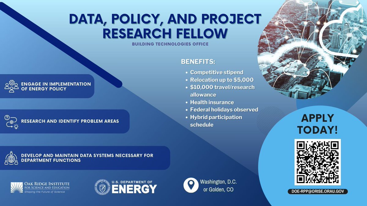 U.S. Department of @Energy's Building Technologies Office is offering an @ExperienceORISE #fellowship opportunity focused on data analysis & data management. Applicants should be pursuing or have completed a bachelor’s or master’s degree
Details: buff.ly/4aJ7eR8

@EEREgov