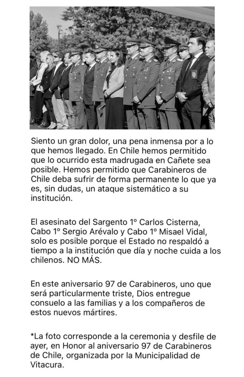 cmerinoc's tweet photo. Siento un gran dolor, una pena inmensa por a lo que hemos llegado. En este aniversario 97 de @Carabdechile, uno que será particularmente triste, Dios entregue consuelo a las familias y a los compañeros de estos nuevos mártires. https://t.co/MDs1cJ0m6a