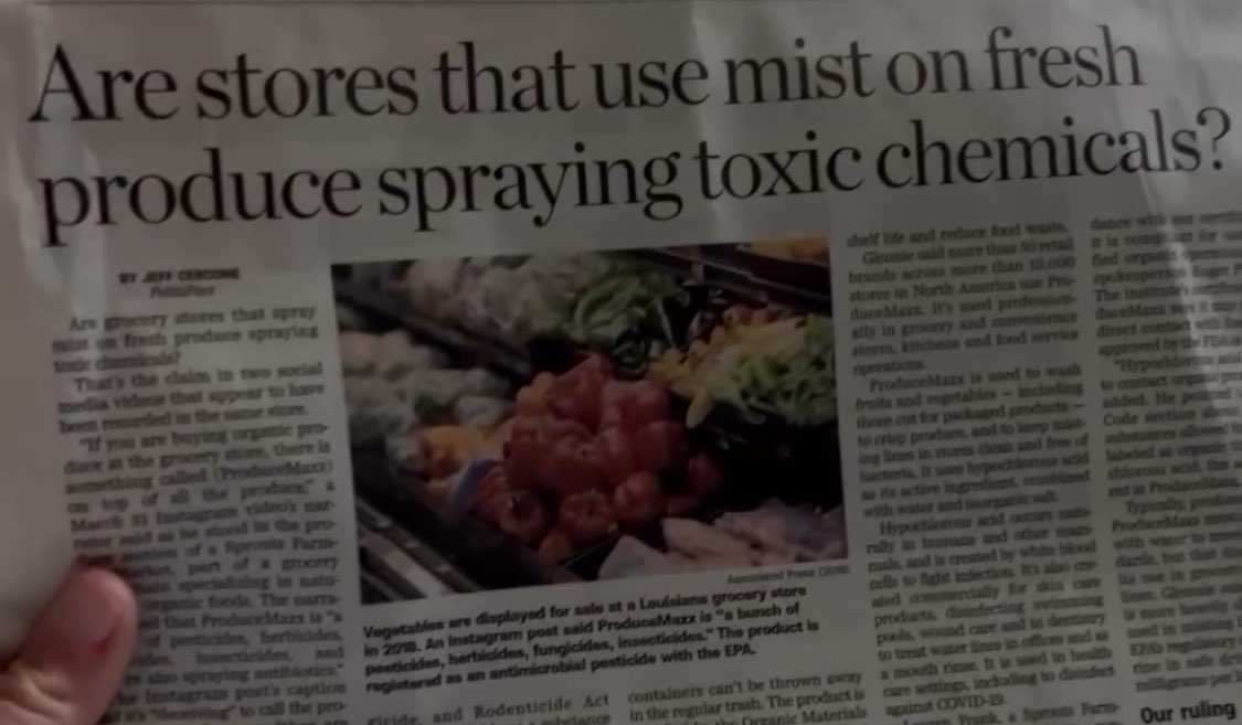 Chem Trails in the grocery store? Yup! And this isn’t a conspiracy theory either. This product does help reduce harmful Salmonella & Listeria issues. This product may be used at your grocery on produce but also fresh cut fruit and veggies to keep them “fresh”. Always be safe!