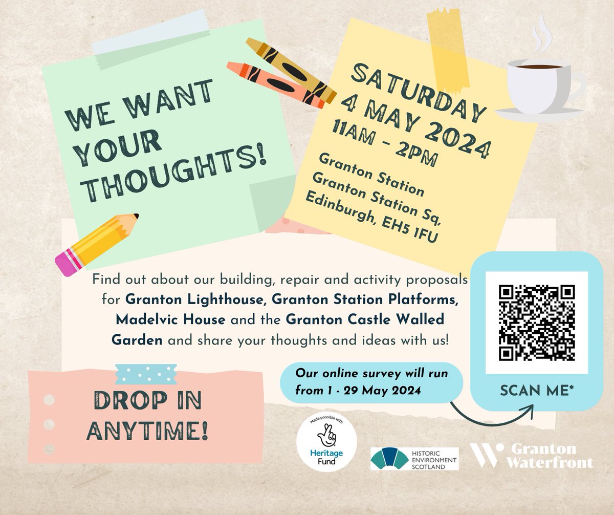 We want your thoughts! The future is exciting for Granton and we have big building and repair plans. Please share your ideas at our drop-in at Granton Station, Waterfront Broadway Sat 4 May 11am to 2pm