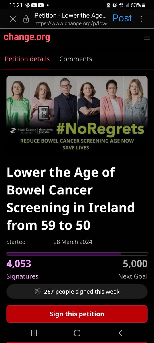 Thank you so much we are nearly at 5000 signatures to lower the #bowelscreen age to 50 & save lives. @MarieKeating @IEColonCancer @hole_cancer @Dromford @BreakthroCancer @petermlaurent @CancerInstIRE @MaterCancer 
change.org/p/lower-the-ag…