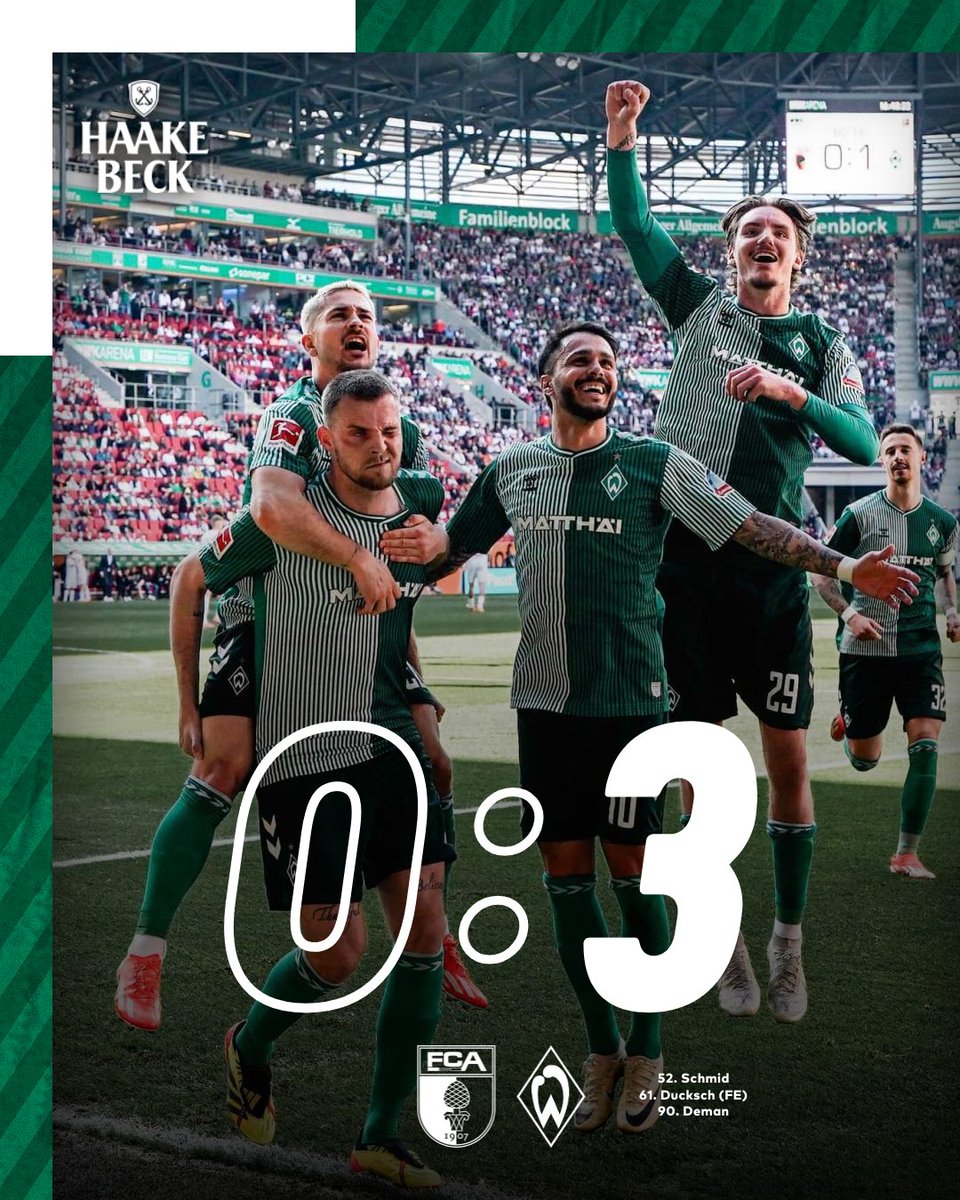 ⏱️ 90.+5 Min ABPFIFF!!! Verdient gewinnen wir das Duell gegen den FC Augsburg. Lasst euch feiern, Jungs! 💚 ⚽️ 0:3 #FCASVW #Werder