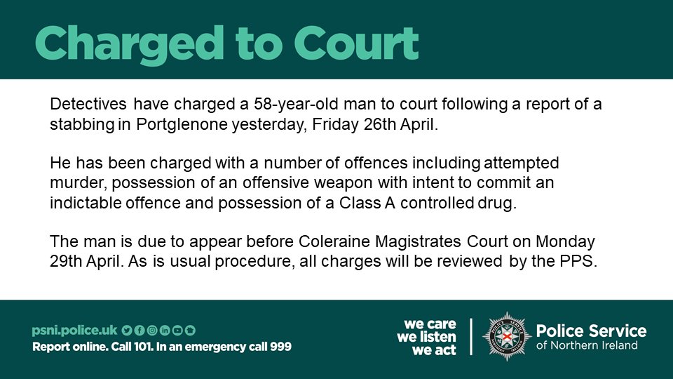 Detectives have charged a 58-year-old man to court following a report of a stabbing in Portglenone yesterday, Friday 26th April.