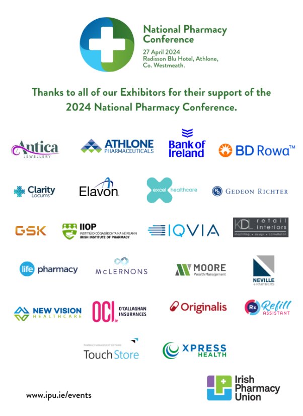 IrishPharmacy's tweet photo. A big shoutout to all the exhibitors who supported the IPU Pharmacy Conference in 2024!  Thank you for your support! 💙 #IPUConference #ThinkPharmacy https://t.co/mGoivRZ6q6