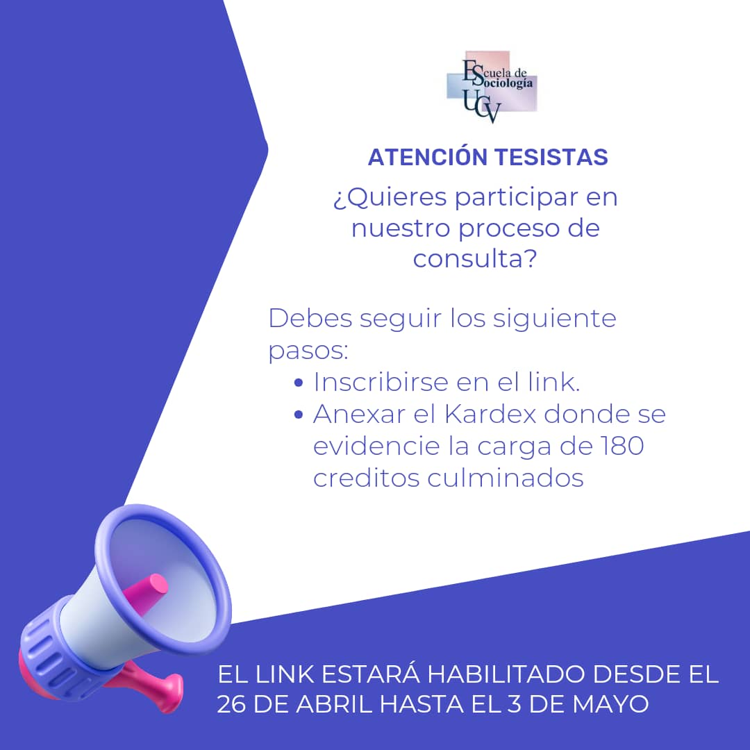 #Sociología | 🚨 Consulta para la dirección de la Escuela de Sociología 🚨

Si eres tesista y deseas participar en la consulta que se realizará el próximo #10May para la escogencia del nuevo Director de la Escuela,  debe seguir los siguientes pasos: 

👇

+ >>>