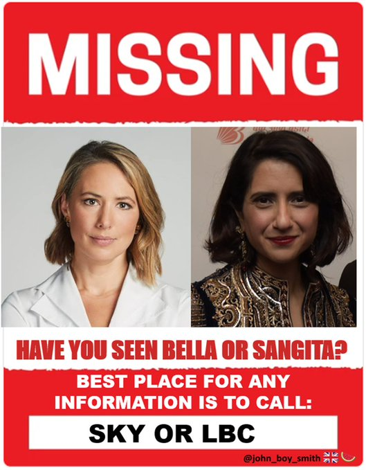 @Kwajotweneboa ⚠️MISSING📷 Has anyone seen Sangita

@SangitaMyska
or Bella
@belledonati
?  They were last seen asking tough questions to scumbag genocidal Israeli officials.  If you have any concerns & want to know why they disappeared best to contact
@SkyNews

@SkyUK

@SkyHelpTeam
@LBC
.