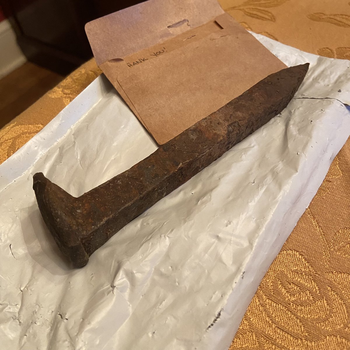 saying “hey I visited my parents and received a giant rusty railroad spike as a present” would feel bizarre if it wasn’t the COOLEST present to give to an author publishing a book where railroad spikes are a plot point