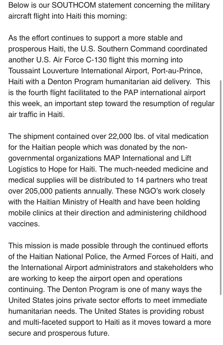 The 4th SOUTHCOM airlift of humanitarian aid to Haiti this week. 22,000 pounds of medication.