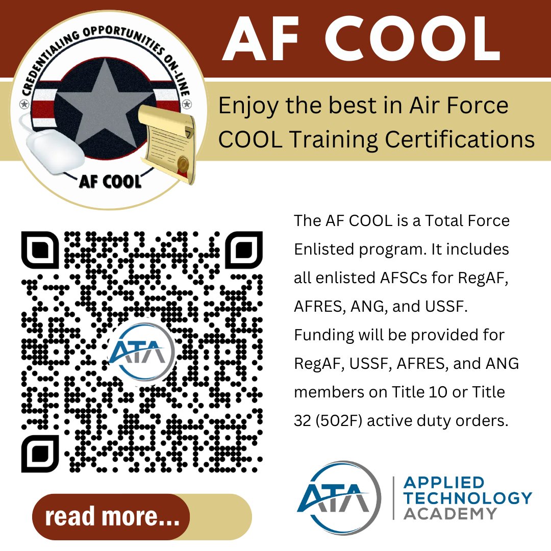 👉#AirForce #COOL is a pathway for enlisted #Airmen to earn industry recognized professional certifications and licenses to enhance their active-duty work, and to prepare them as they eventually transition to the civilian job market. Learn More appliedtechnologyacademy.com/air-force-cool…