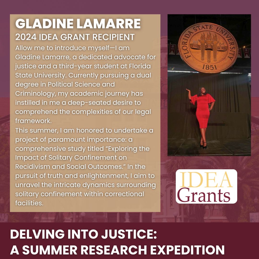 FSU_CRE's tweet image. We would like to highlight 2024 IDEA Grant recipient, Gladine Lamarre! Gladine is a dedicated advocate for justice and a third-year student at Florida State University. 

Read more about Gladine&apos;s summer project: buff.ly/49TXiDf.

#IDEAGrant